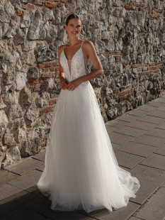 V-Neck Glitter Tulle and Lace A-line Wedding Dress #10009