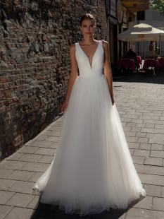 V-Neck Crepe and Tulle A-Line Wedding Dress #10016