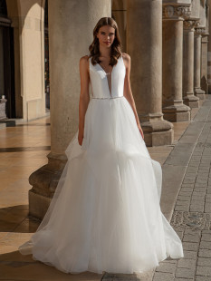 Embroidered V-Neck Mikado and Tulle A-Line Wedding Dress #10029