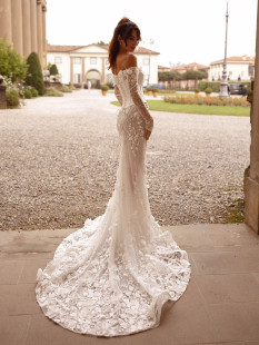 Eleanor Elegant Floral Illusion Long Sleeve Wedding Dress Trumpet Chapel Bridal Gown Scoop Neck