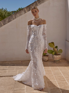 JESSIKA Elegant Detached Long Floral Sleeve Wedding Dress - Mermaid Bridal Gown Sweetheart