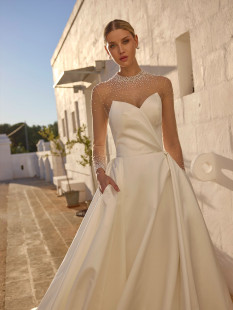 JULINA Elegant Illusion Long Sleeve Wedding Dress - BallGown Chapel Bridal Gown V-Neck