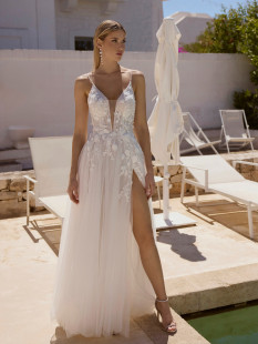 JUNI Sexy Spaghetti Strap Wedding Dress - A-Line Leg Slit Bridal Gown Plunging V-Neck