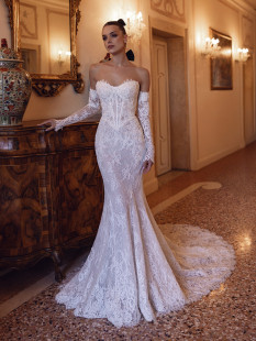 KHLOE Elegant Detachable Sleeve Wedding Dress Trumpet Sweep Sweetheart Bridal Gown