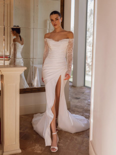 KRIS Sexy Detachable Sleeve Wedding Dress Sheath Leg Slit Sweep Train Sculpted Neckline Bridal Gown