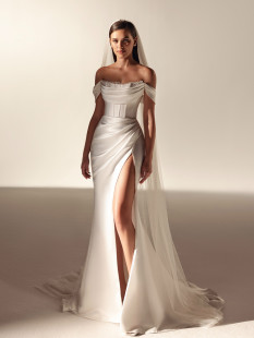 LANA Sexy Wedding Dress - Trumpet Chapel Train Draped Off-the-Shoulder Neckline with Lace Detail Bridal Gown