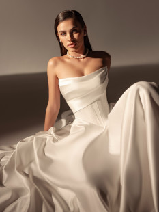 LESYA Romantic Wedding Dress - Princess Court Train Asymmetrically Draped Strapless Bodice Bridal Gown