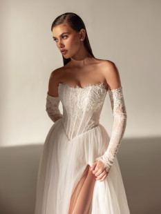 LORENCIA Romantic Detachable Sleeve Wedding Dress - BallGown Leg Slit Strapless Neckline with Floral Lace Appliqué Bridal Gown