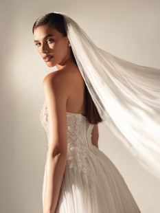 LUCKY Romantic Wedding Dress - Sheath Court Train Strapless Neckline with Floral Lace Applique Bridal Gown