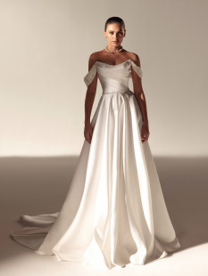 XENIA Elegant Wedding Dress - A-Line Chapel Train Draped Off-the-Shoulder Neckline Bridal Gown