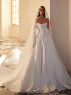 ELEN Couture Romantic A Line Wedding Dress with Chapel Train Straight Neckline and Structured Corset Bodice