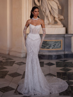 ELINA Modern Couture Wedding Dress in Trumpet Silhouette with Chapel Train Sweetheart Neckline and Lace Detail