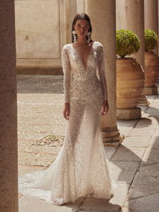 ISKRA Long Sleeves and Deep V-Neck Silhouette Mermaid Lace Wedding Dress