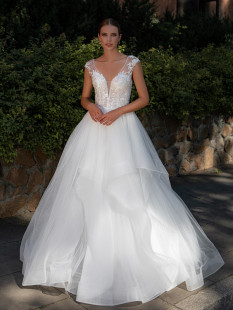 Embroidered Raglan Sleeve V-Neck Tulle and Lace A-Line Wedding Dress #10001