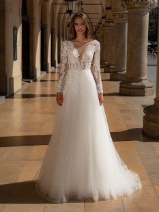 Long Sleeve illusion plunge v-neck Lace A-line Wedding Dress #10028