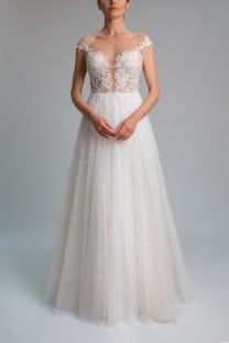 Embroidered raglan sleeve Tulle and lace A-line wedding dress #10033