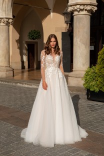 Lace Wedding Dress with Beading and Raglan Sleeve Embroidery V-Neckline #10050