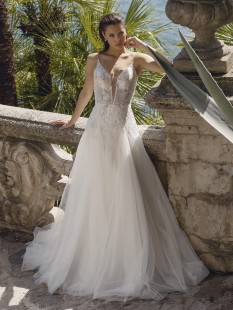 HELEN Embroidered V-Neck Tulle and Sequin A-Line Sheath Wedding Dress