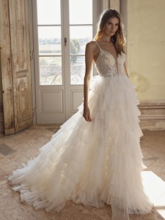 WOODY Embroidered V-Neck Tulle and Lace A-Line Wedding Dress