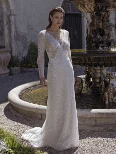 HILARY Beaded Long Sleeve illusion plunge v-neck Glitter Lace Wedding Dress