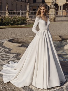 WELLINGTON Embroidered Long Sleeve Satin illusion plunge v-neck A-line Wedding Dress