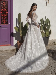 GINA Sequins Embroidered Long Sleeve V-Neck Lace and Tulle A-Line Wedding Dress