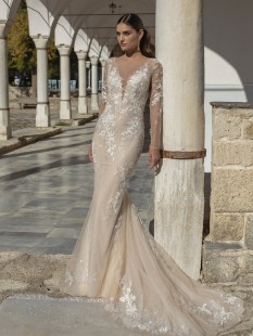 GAYA Embroidered Long Sleeve V-Neck Tulle and Lace Mermaid Wedding Dress