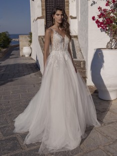 SEONA Embroidered V-Neck Tulle and Lace A-Line Wedding Dress