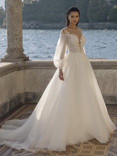 HAPPY Long Puffy Sleeve illusion plunge v-neck A-line Lace Organza Wedding Dress