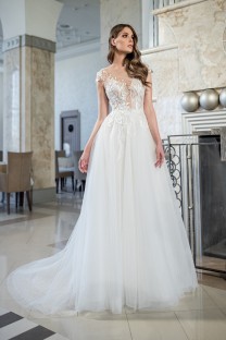 RAMONA Raglan Sleeve illusion plunge v-neck Tulle and Lace A-Line Wedding Dress