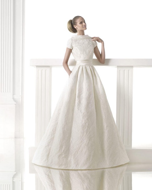 LESLIE 3/4 Sleeve Mikado and Lace Wedding Dress | Bridal Space