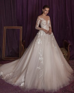FLORESSA Embroidered V-Neck and long Sleeve tulle and lace A-line Wedding Dress