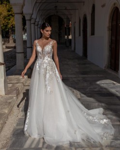 GOLFSTREEM Embroidered V-Neck Tulle and Lace A-Line Wedding Dress