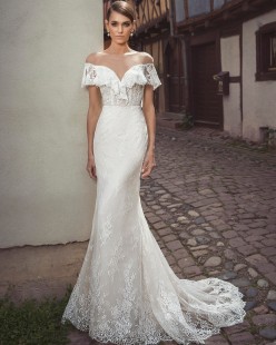 PAOLA straight lace wedding dress with train V neck deep back short sleeves semi transparent corset