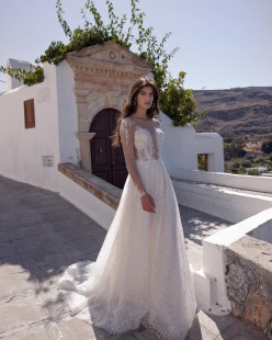 SELESTE Embroidered Long Sleeve illusion plunge v-neck Lace A-Line Wedding Dress