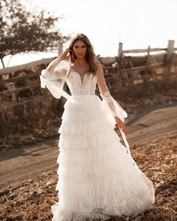 AZALIA Long Puff Sleeve Lace Tulle A-Line Wedding Dress
