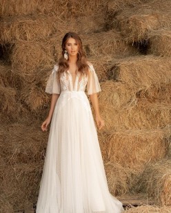 IRIS Short Sleeve V-Neck Tulle Lace A-Line Wedding Dress