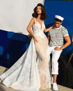 Embroidered Detachable Skirt Lace Mermaid Wedding Dress 93439