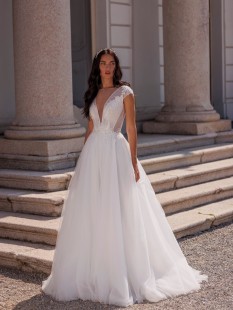 ULKA Elegant Cap Sleeve Wedding Dress - A-Line Bridal Gown Illusion V-Neck Tule Wedding Dresses