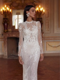 IWETTY wedding dress mermaid straight lace embroidered long sleeves high neckline long train