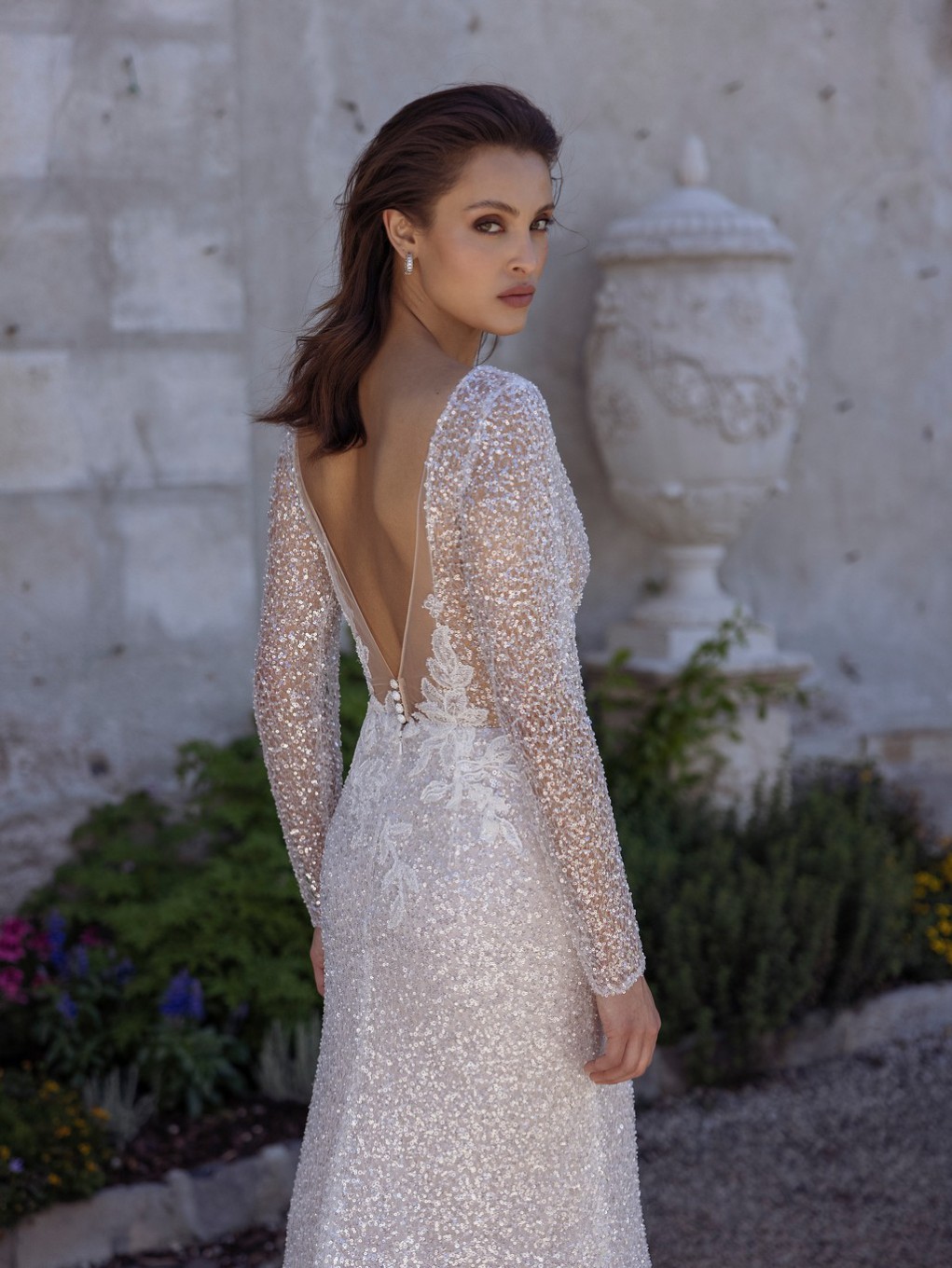 HILARY Beaded Long Sleeve illusion plunge v-neck Glitter Lace Wedding Dress  | Bridal Space