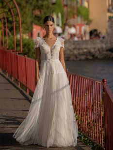 AGNES Short Sleeve V-Neck Tulle and Lace A-Line Sheath Wedding Dress