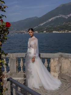 DAVID illusion plunge v-neck Puffy Sleeve Tulle and Lace Sheath Wedding Dress