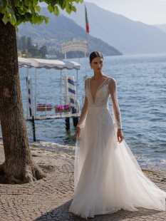 LINKOLN Long Puffy Sleeve V-Neck Illusion plunge Tulle and Lace Sheath Wedding Dress