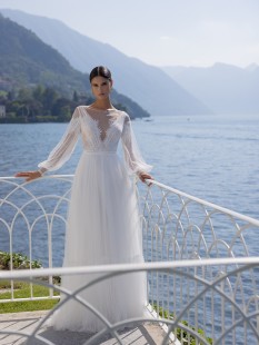 SPARK illusion plunge v-neck Puffy Sleeve Tulle and Lace Sheath Wedding Dress