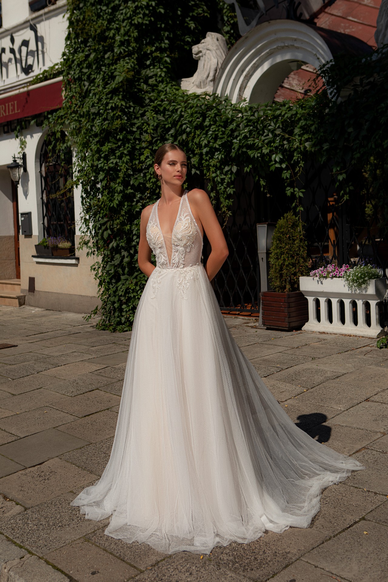 Trendy A-line Rustic V Neck Beaded Lace Bridal Gown TWA3512