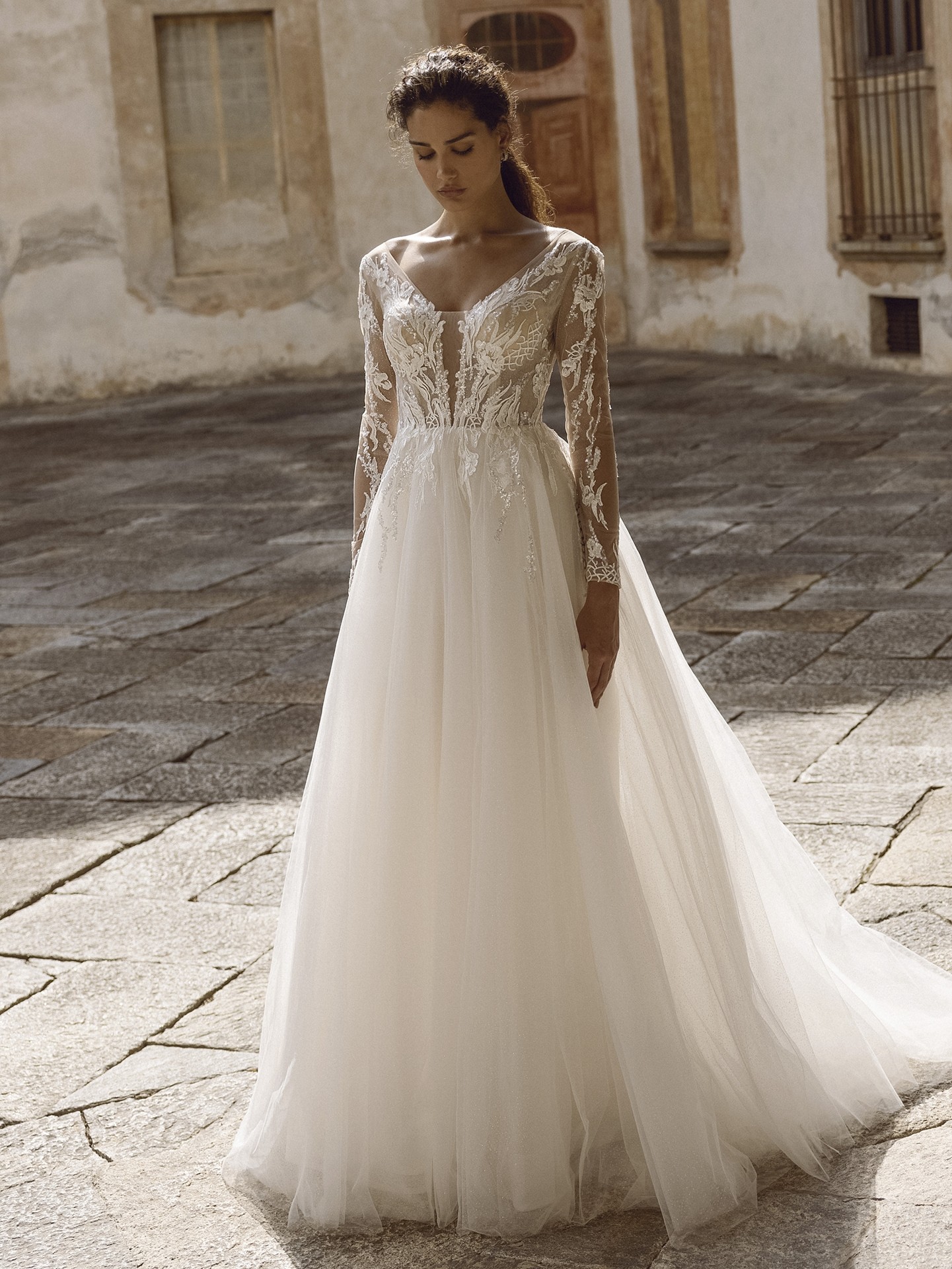 TORONTO Deep V-Neck Long Sleeve Tulle Lace A-Line Wedding Dress