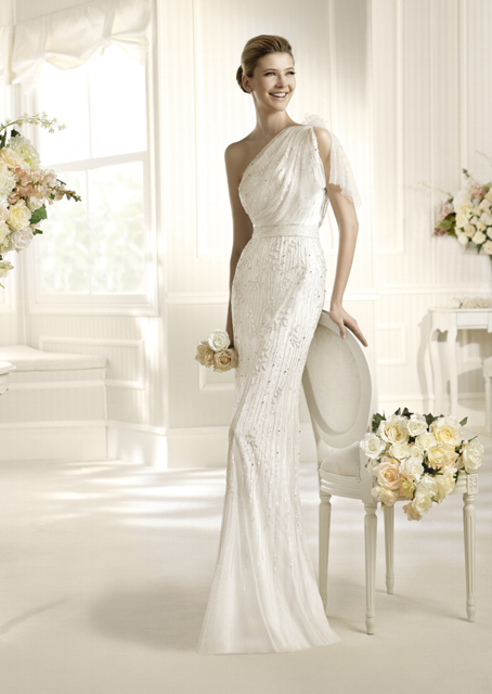 MANTUA Asymmetrical Neckline Embroidered Tulle Mermaid Wedding Dress |  Bridal Space